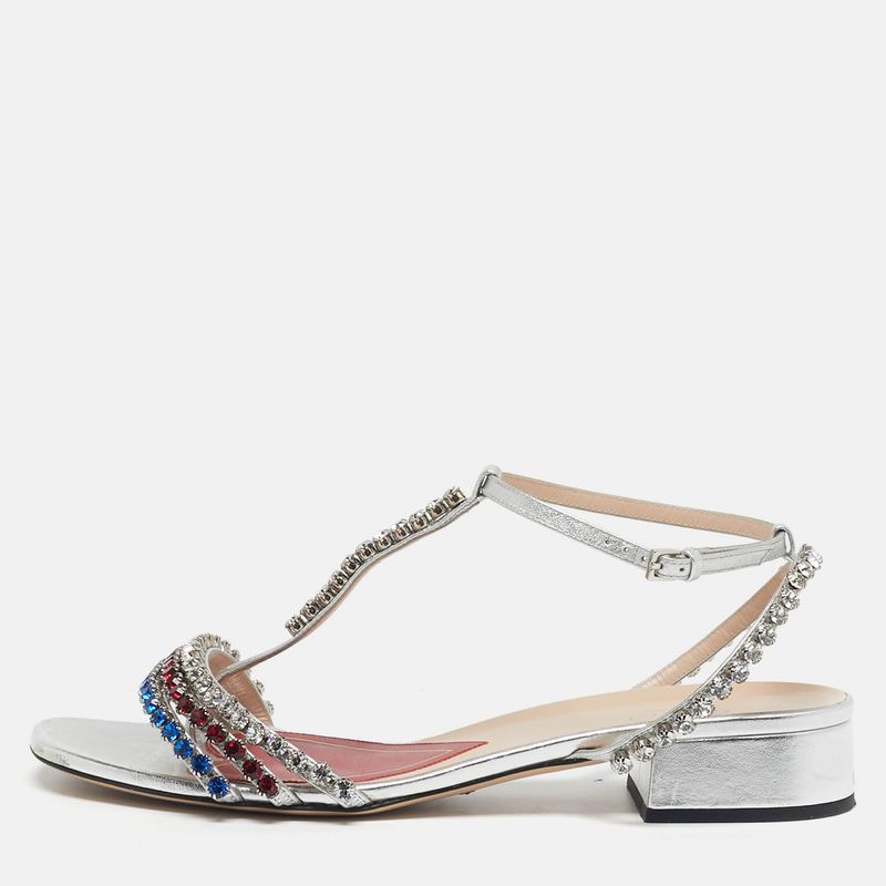 Gucci Size 38 Silver Leather Crystal Embellished Ankle Strap Sandals